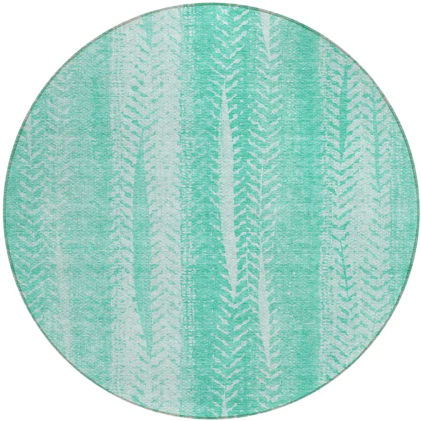 8' Aqua Teal Blue And Ivory Round Botanical Leaves Washable Indoor Outdoor Area Rug Photo 2