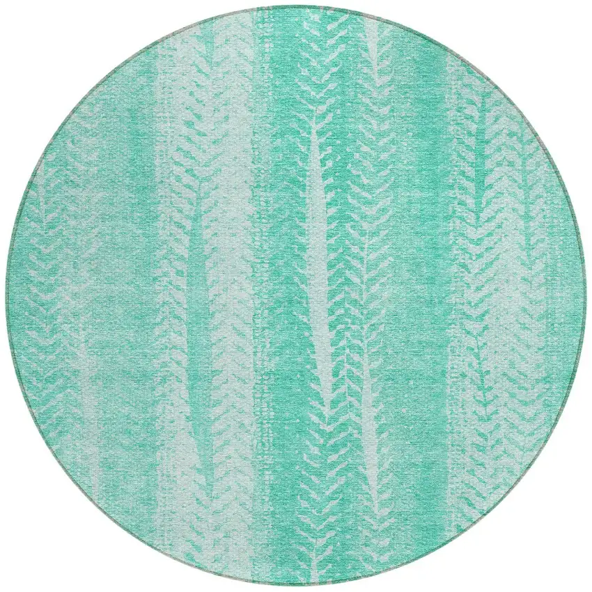 8' Aqua Teal Blue And Ivory Round Botanical Leaves Washable Indoor Outdoor Area Rug Photo 5