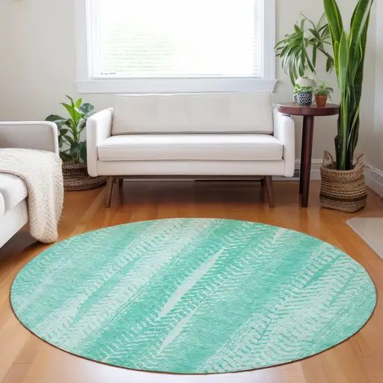8' Aqua Teal Blue And Ivory Round Botanical Leaves Washable Indoor Outdoor Area Rug Photo 7