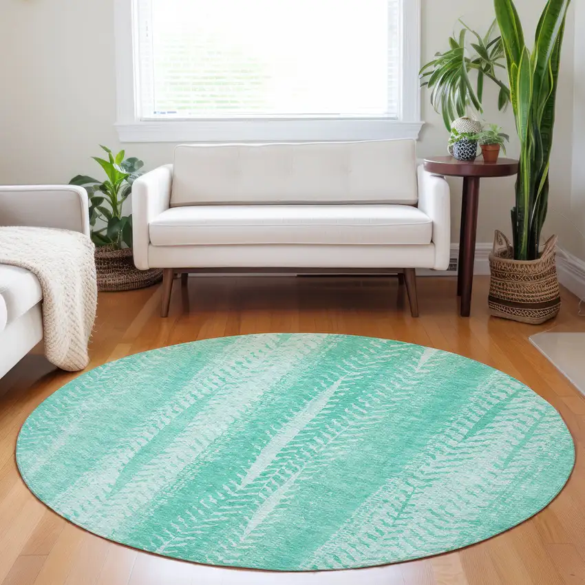 8' Aqua Teal Blue And Ivory Round Botanical Leaves Washable Indoor Outdoor Area Rug Photo 7