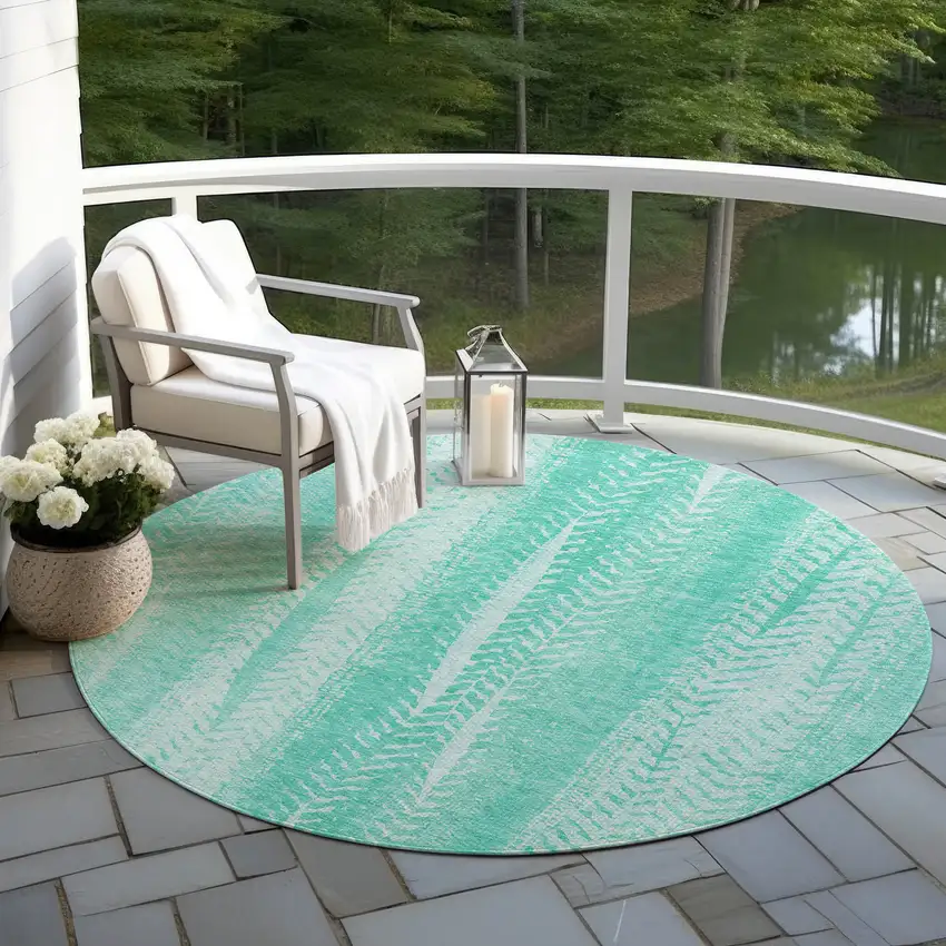 8' Aqua Teal Blue And Ivory Round Botanical Leaves Washable Indoor Outdoor Area Rug Photo 6