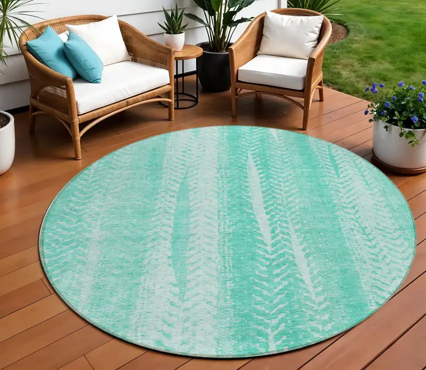 8' Aqua Teal Blue And Ivory Round Botanical Leaves Washable Indoor Outdoor Area Rug Photo 1
