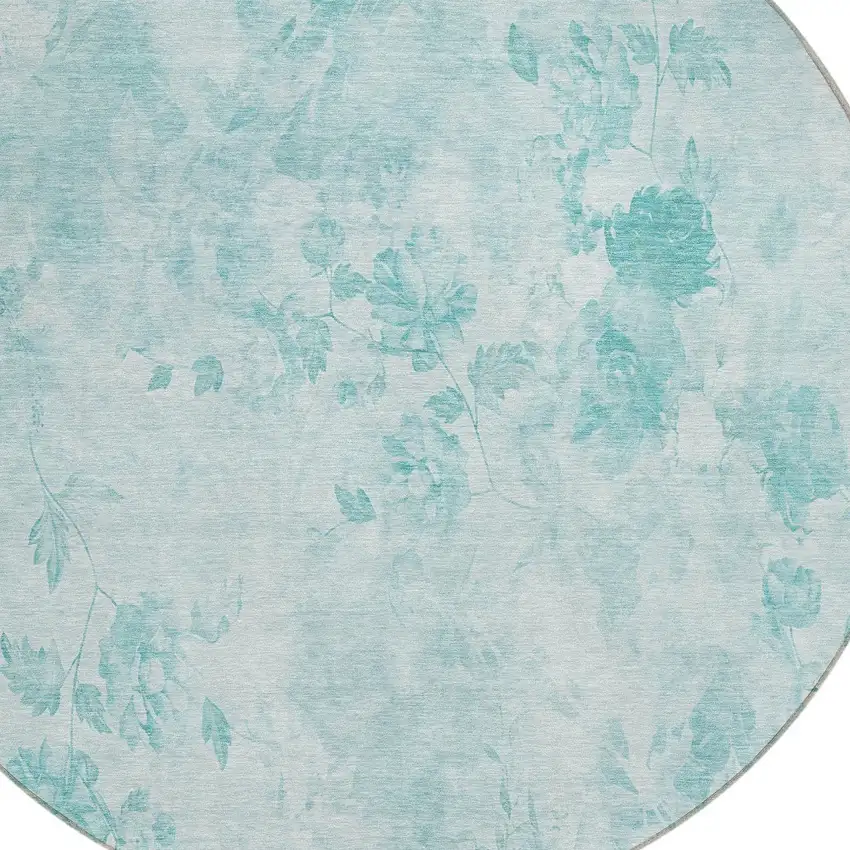 8' Aqua Teal Blue And Ivory Round Floral Washable Indoor Outdoor Area Rug Photo 5