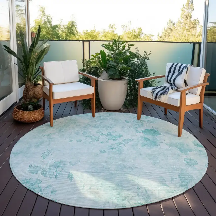 8' Aqua Teal Blue And Ivory Round Floral Washable Indoor Outdoor Area Rug Photo 7