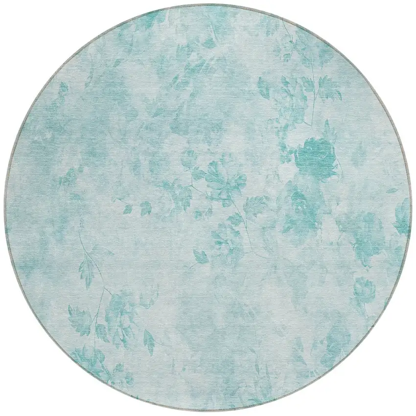8' Aqua Teal Blue And Ivory Round Floral Washable Indoor Outdoor Area Rug Photo 6