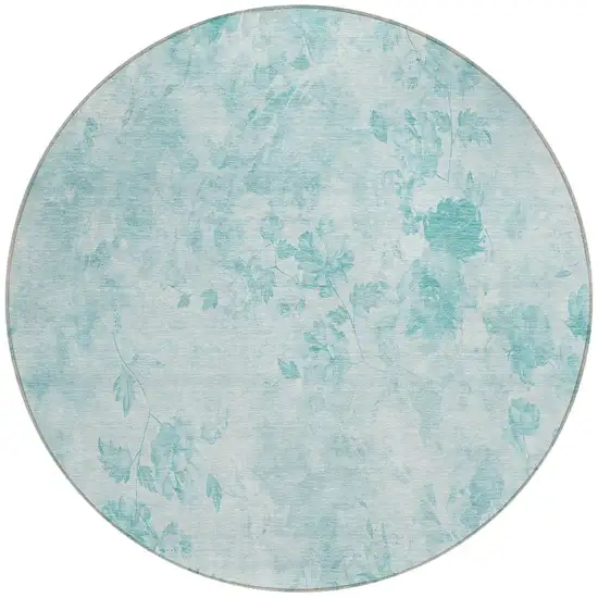 8' Aqua Teal Blue And Ivory Round Floral Washable Indoor Outdoor Area Rug Photo 6