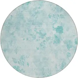 Photo of 8' Aqua Teal Blue And Ivory Round Floral Washable Indoor Outdoor Area Rug