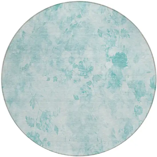 8' Aqua Teal Blue And Ivory Round Floral Washable Indoor Outdoor Area Rug Photo 1