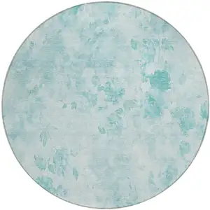 Photo of 8' Aqua Teal Blue And Ivory Round Floral Washable Indoor Outdoor Area Rug