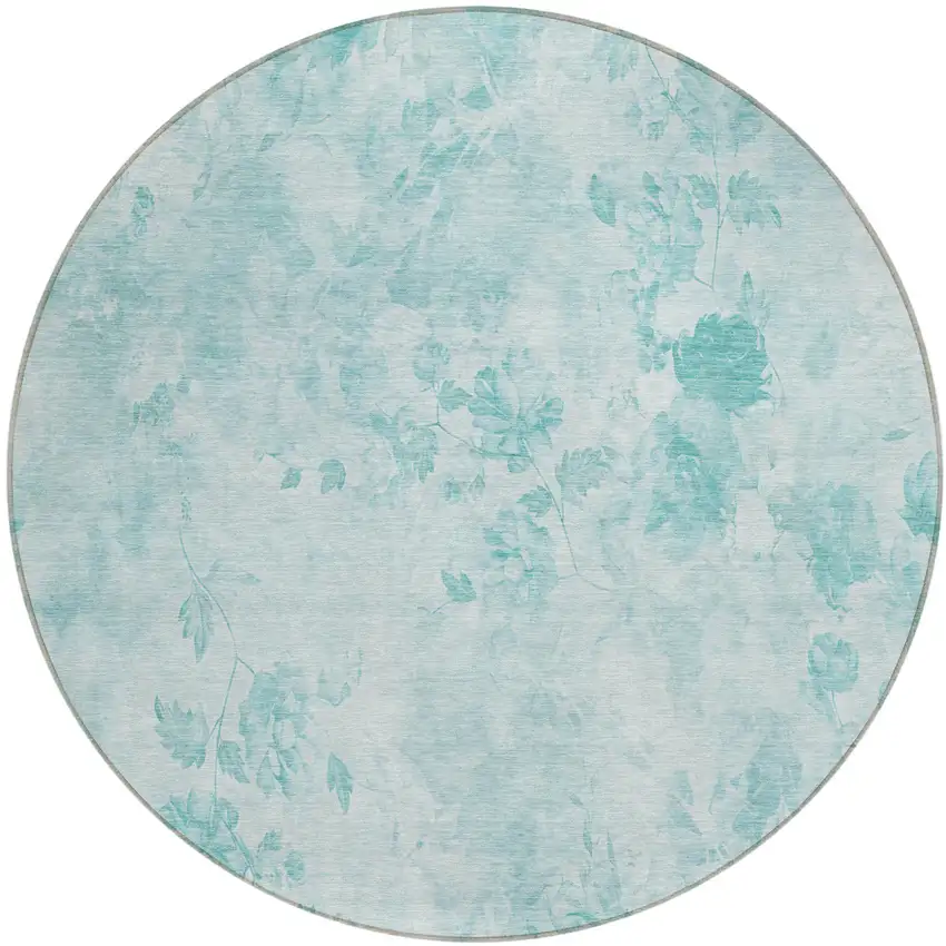 8' Aqua Teal Blue And Ivory Round Floral Washable Indoor Outdoor Area Rug Photo 1