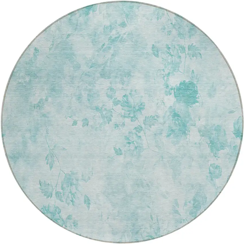 8' Aqua Teal Blue And Ivory Round Floral Washable Indoor Outdoor Area Rug Photo 1