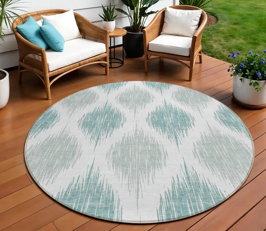 8' Aqua Teal Blue And Ivory Round Ikat Washable Indoor Outdoor Area Rug Photo 1