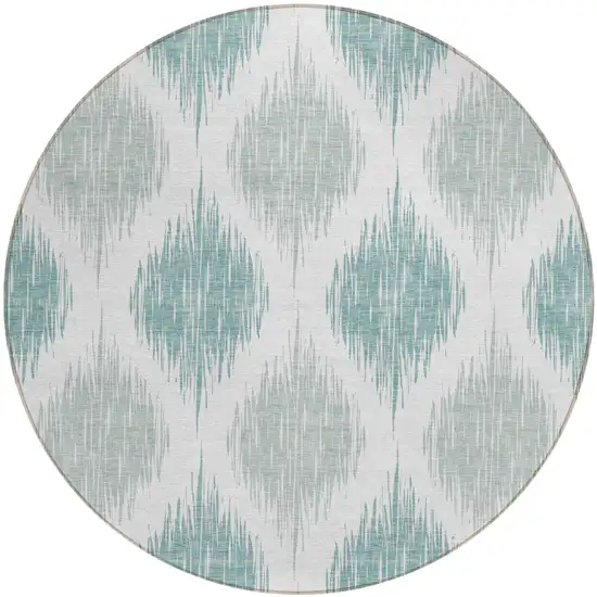 8' Aqua Teal Blue And Ivory Round Ikat Washable Indoor Outdoor Area Rug Photo 2