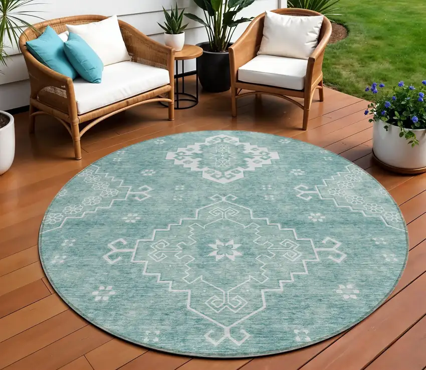 8' Aqua Teal Blue And Ivory Round Medallion Washable Indoor Outdoor Area Rug Photo 1