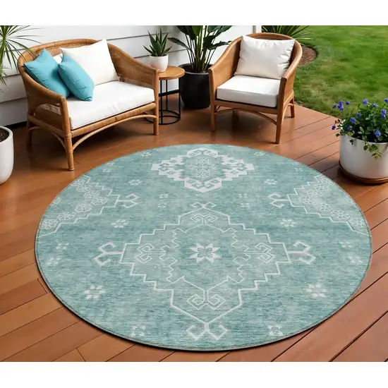 8' Aqua Teal Blue And Ivory Round Medallion Washable Indoor Outdoor Area Rug Photo 1