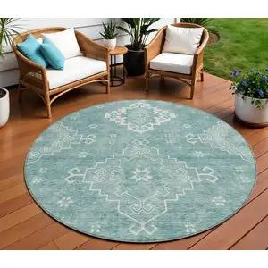 Photo of 8' Aqua Teal Blue And Ivory Round Medallion Washable Indoor Outdoor Area Rug