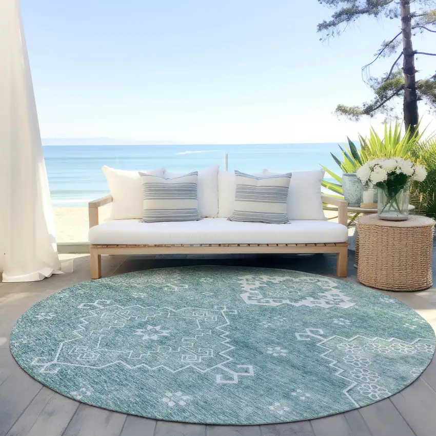 8' Aqua Teal Blue And Ivory Round Medallion Washable Indoor Outdoor Area Rug Photo 6