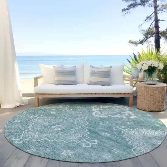 8' Aqua Teal Blue And Ivory Round Medallion Washable Indoor Outdoor Area Rug Photo 6