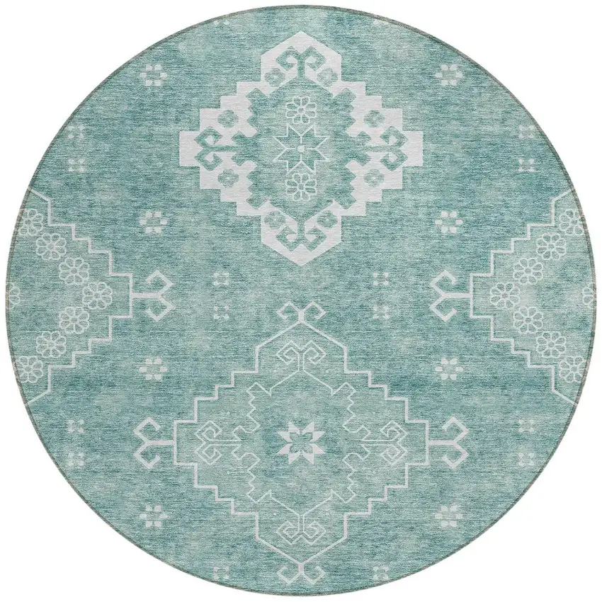 8' Aqua Teal Blue And Ivory Round Medallion Washable Indoor Outdoor Area Rug Photo 5
