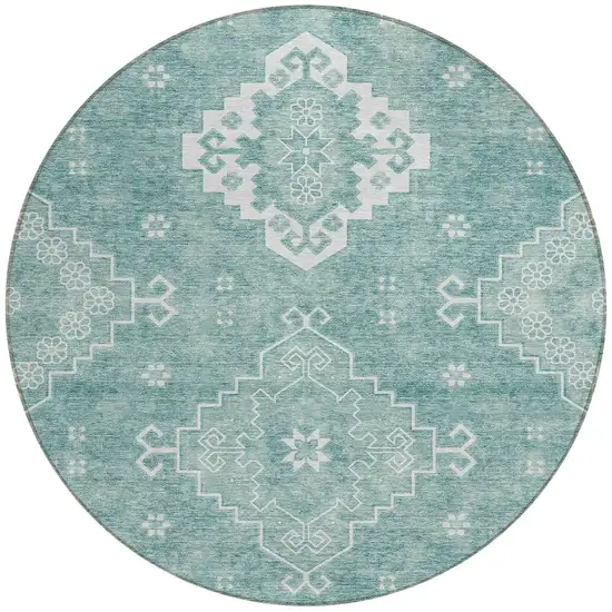 8' Aqua Teal Blue And Ivory Round Medallion Washable Indoor Outdoor Area Rug Photo 5