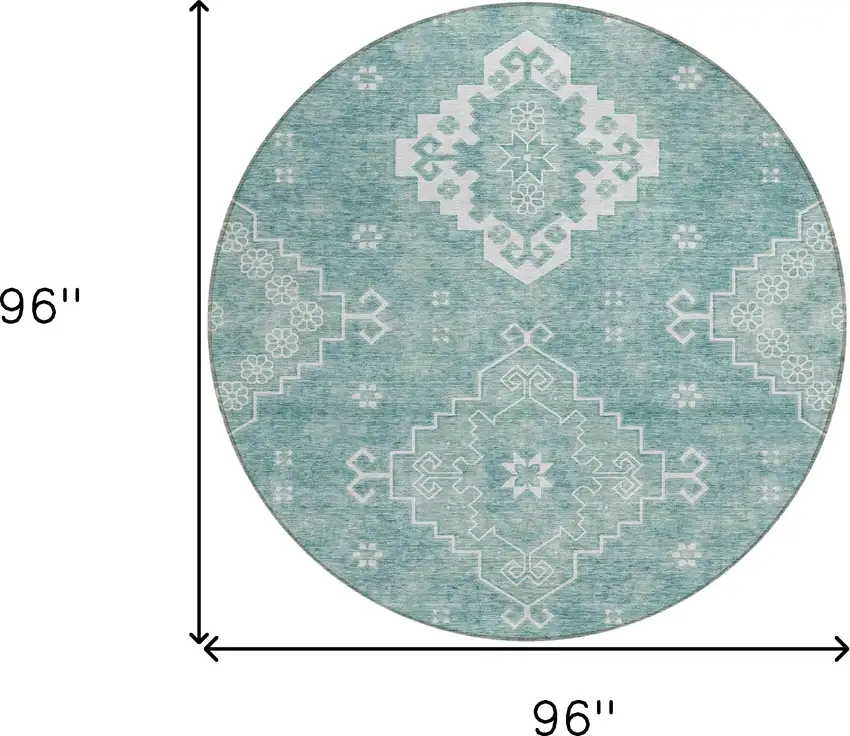 8' Aqua Teal Blue And Ivory Round Medallion Washable Indoor Outdoor Area Rug Photo 3