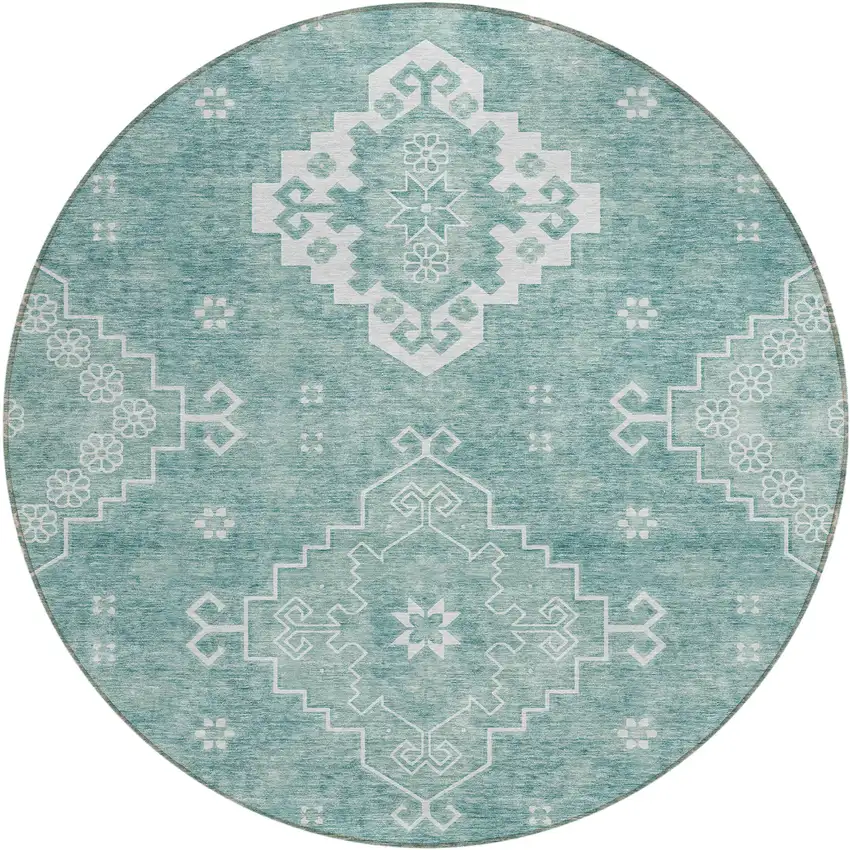 8' Aqua Teal Blue And Ivory Round Medallion Washable Indoor Outdoor Area Rug Photo 2