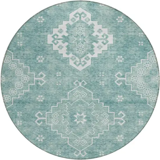 8' Aqua Teal Blue And Ivory Round Medallion Washable Indoor Outdoor Area Rug Photo 2