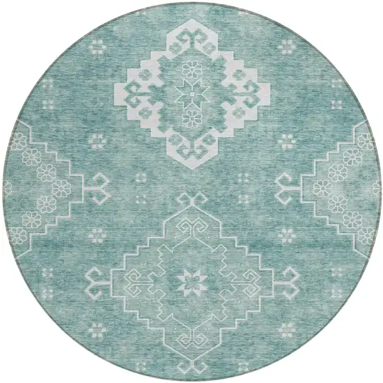 8' Aqua Teal Blue And Ivory Round Medallion Washable Indoor Outdoor Area Rug Photo 2
