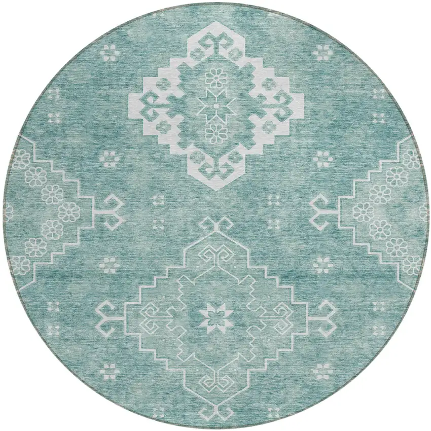 8' Aqua Teal Blue And Ivory Round Medallion Washable Indoor Outdoor Area Rug Photo 2