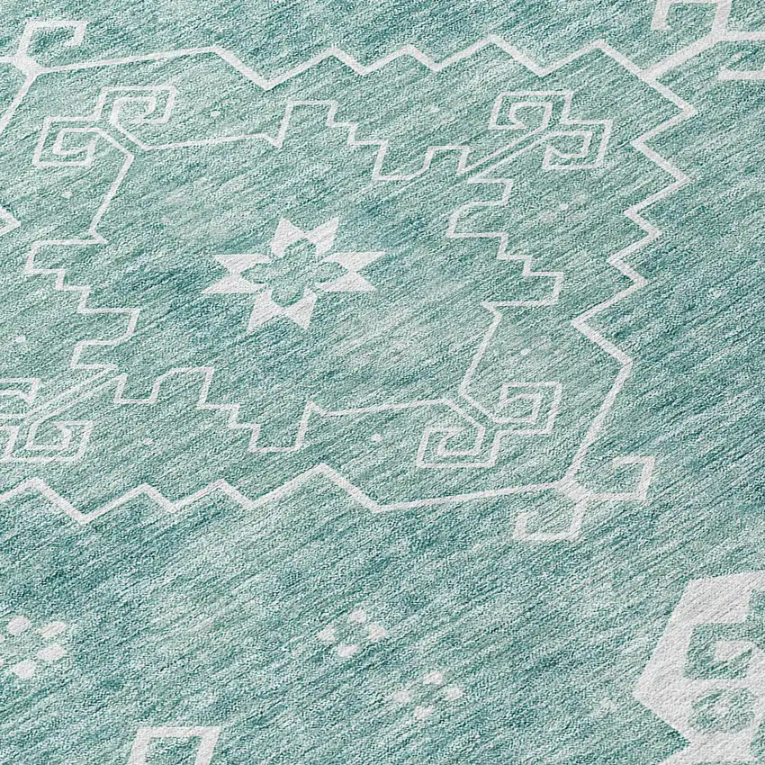 8' Aqua Teal Blue And Ivory Round Medallion Washable Indoor Outdoor Area Rug Photo 8
