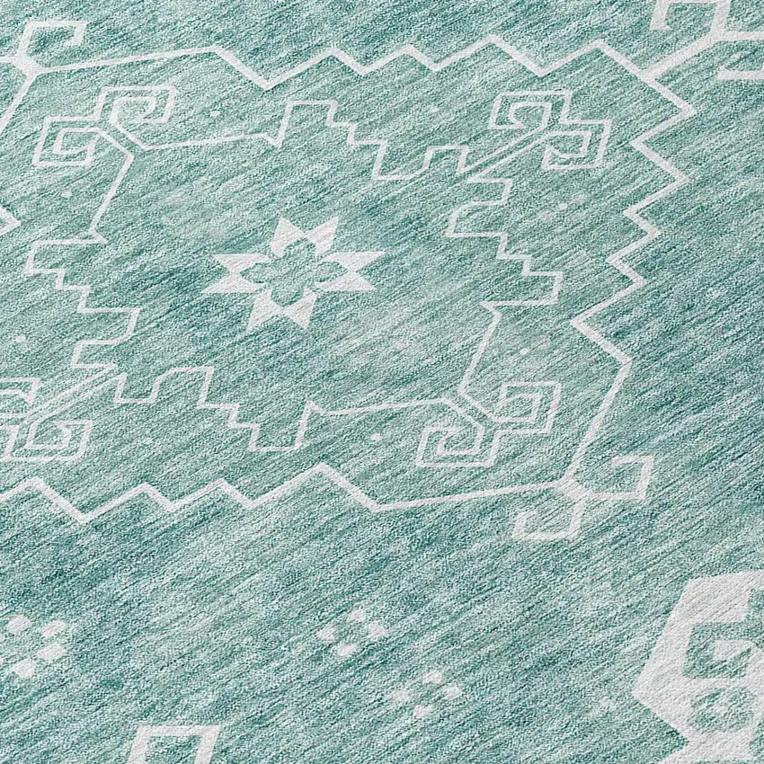 8' Aqua Teal Blue And Ivory Round Medallion Washable Indoor Outdoor Area Rug Photo 8