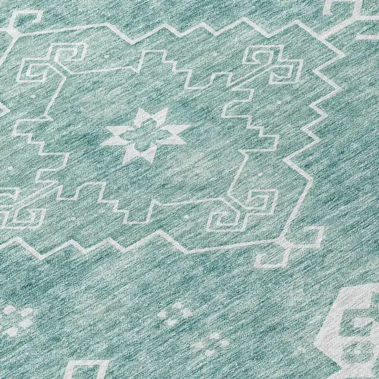 8' Aqua Teal Blue And Ivory Round Medallion Washable Indoor Outdoor Area Rug Photo 8