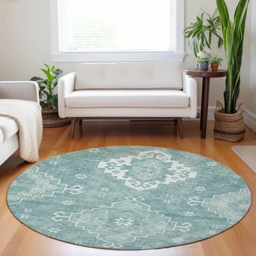 8' Aqua Teal Blue And Ivory Round Medallion Washable Indoor Outdoor Area Rug Photo 7