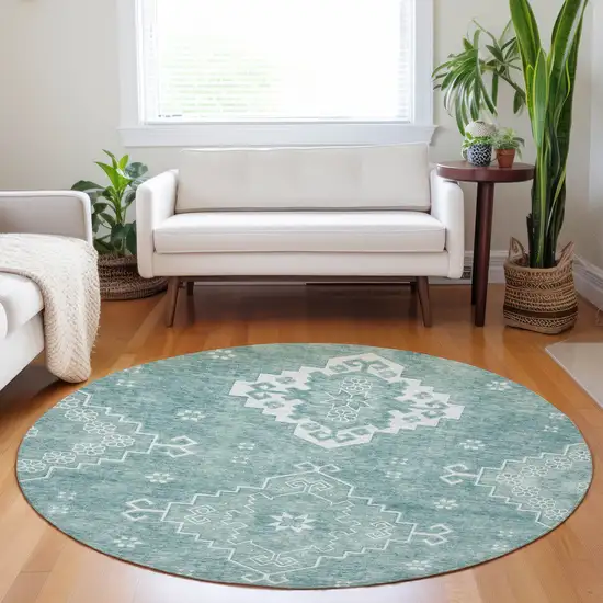8' Aqua Teal Blue And Ivory Round Medallion Washable Indoor Outdoor Area Rug Photo 7