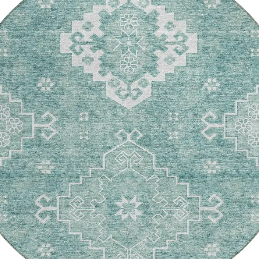 8' Aqua Teal Blue And Ivory Round Medallion Washable Indoor Outdoor Area Rug Photo 4