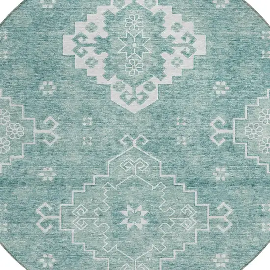 8' Aqua Teal Blue And Ivory Round Medallion Washable Indoor Outdoor Area Rug Photo 4