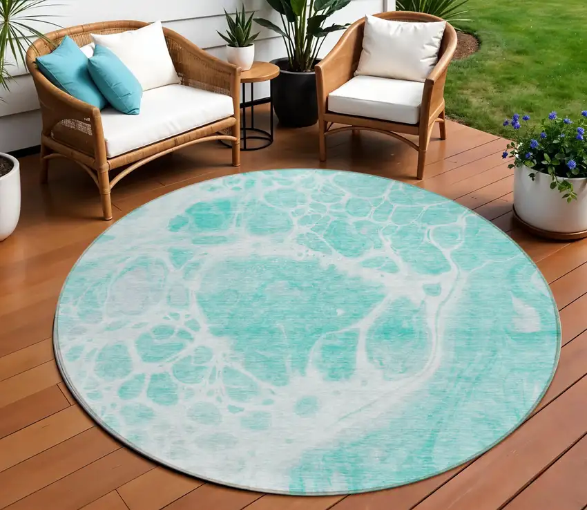 8' Aqua Teal Blue And Ivory Round Nautical Washable Indoor Outdoor Area Rug Photo 1