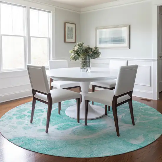 8' Aqua Teal Blue And Ivory Round Nautical Washable Indoor Outdoor Area Rug Photo 7