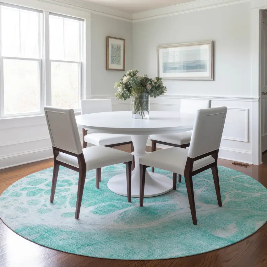 8' Aqua Teal Blue And Ivory Round Nautical Washable Indoor Outdoor Area Rug Photo 7