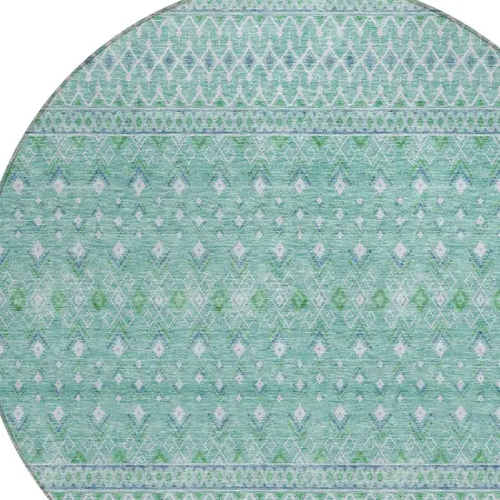 8' Aqua Teal Blue And Ivory Round Tribal Washable Indoor Outdoor Area Rug Photo 3