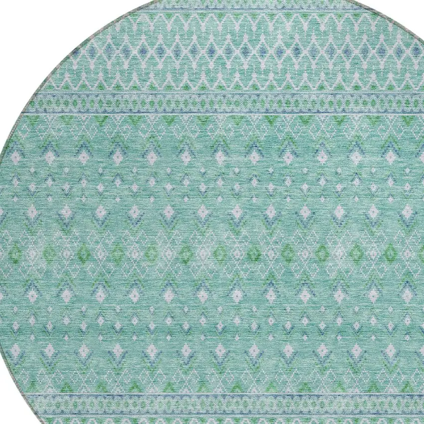8' Aqua Teal Blue And Ivory Round Tribal Washable Indoor Outdoor Area Rug Photo 3