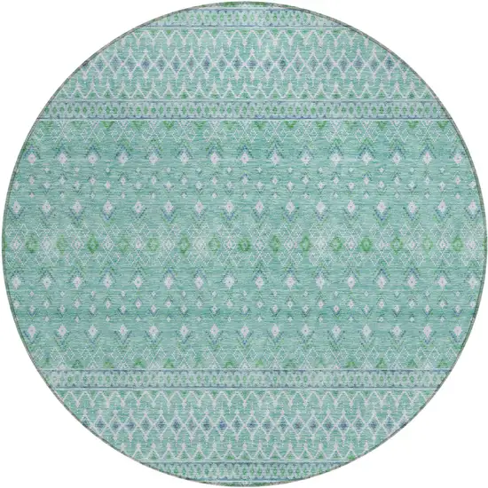 8' Aqua Teal Blue And Ivory Round Tribal Washable Indoor Outdoor Area Rug Photo 1