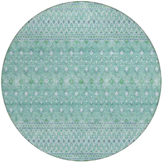 8' Aqua Teal Blue And Ivory Round Tribal Washable Indoor Outdoor Area Rug Photo 1