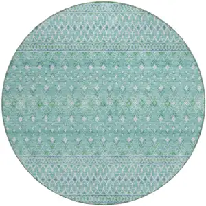 Photo of 8' Aqua Teal Blue And Ivory Round Tribal Washable Indoor Outdoor Area Rug