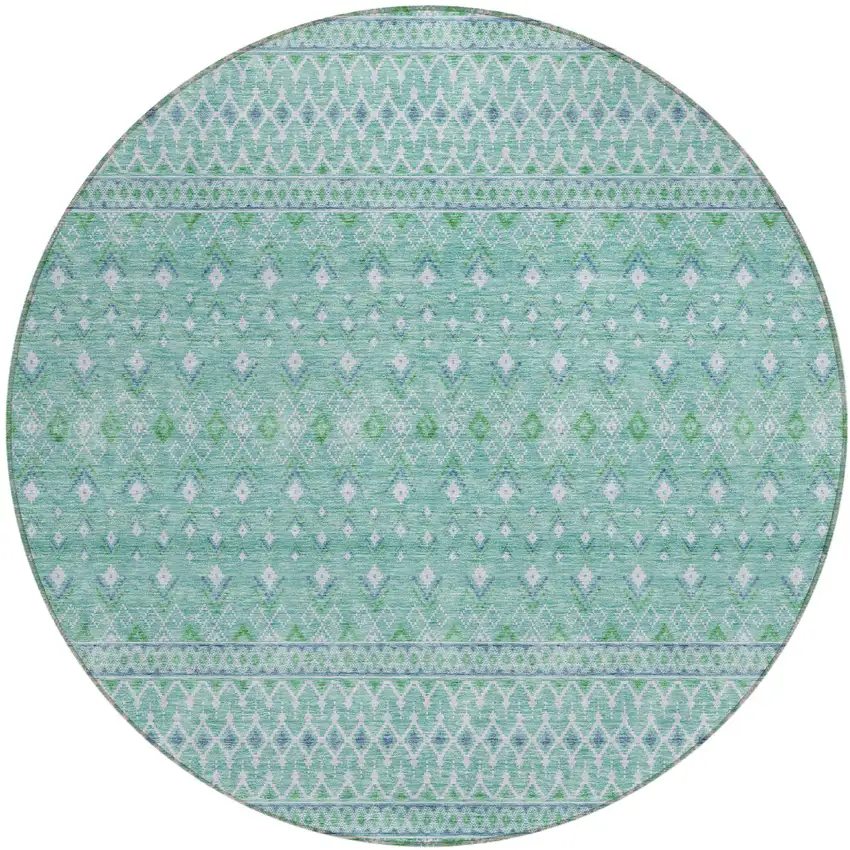 8' Aqua Teal Blue And Ivory Round Tribal Washable Indoor Outdoor Area Rug Photo 1