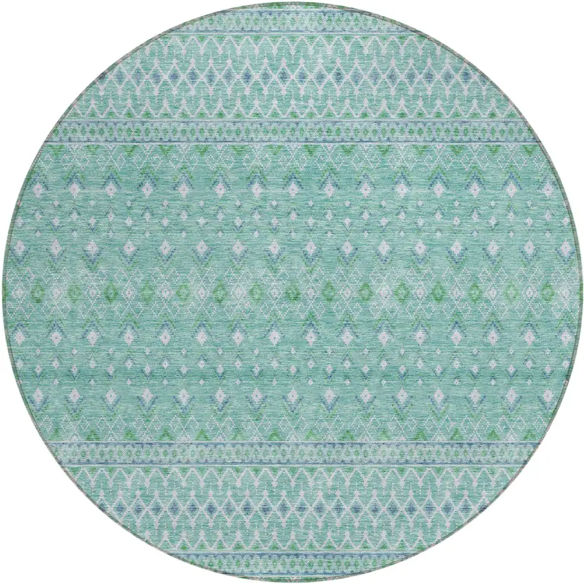 8' Aqua Teal Blue And Ivory Round Tribal Washable Indoor Outdoor Area Rug Photo 1