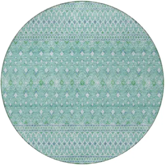 8' Aqua Teal Blue And Ivory Round Tribal Washable Indoor Outdoor Area Rug Photo 4