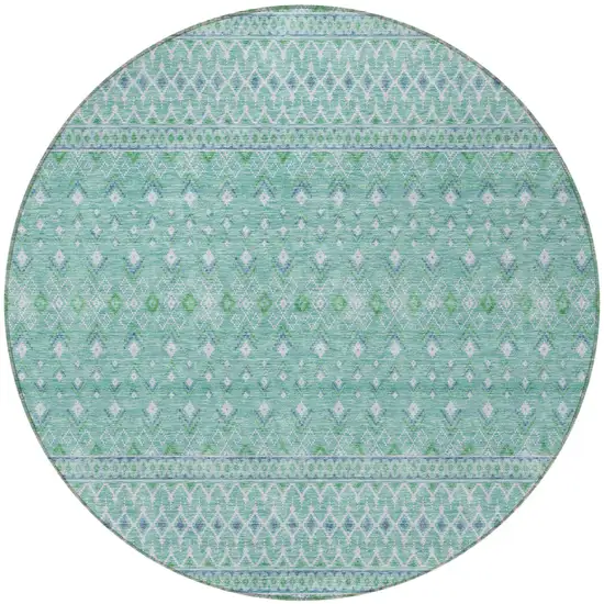 8' Aqua Teal Blue And Ivory Round Tribal Washable Indoor Outdoor Area Rug Photo 4