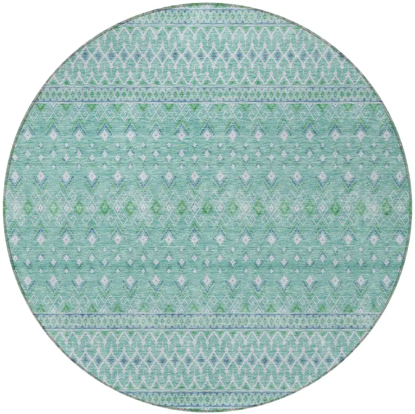 8' Aqua Teal Blue And Ivory Round Tribal Washable Indoor Outdoor Area Rug Photo 4