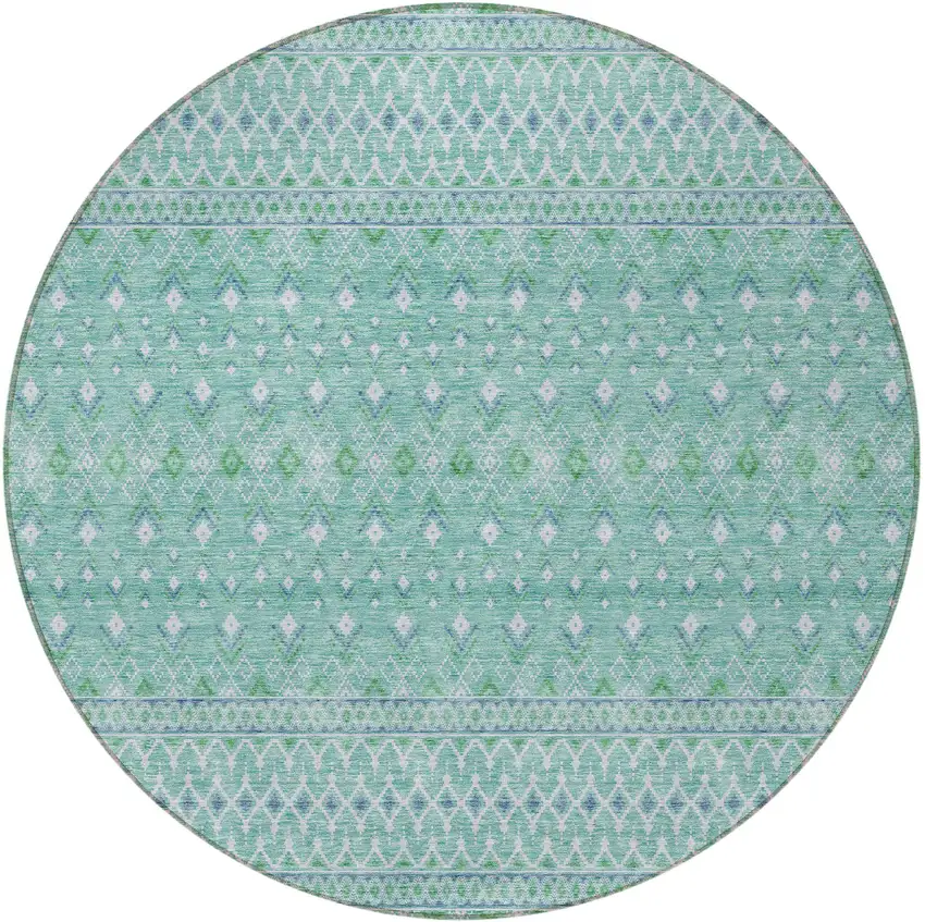 8' Aqua Teal Blue And Ivory Round Tribal Washable Indoor Outdoor Area Rug Photo 4